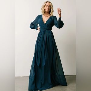 Baltic Born Women's Lydia Maxi Dress - v-neck bell sleeves tie waist - blue XL